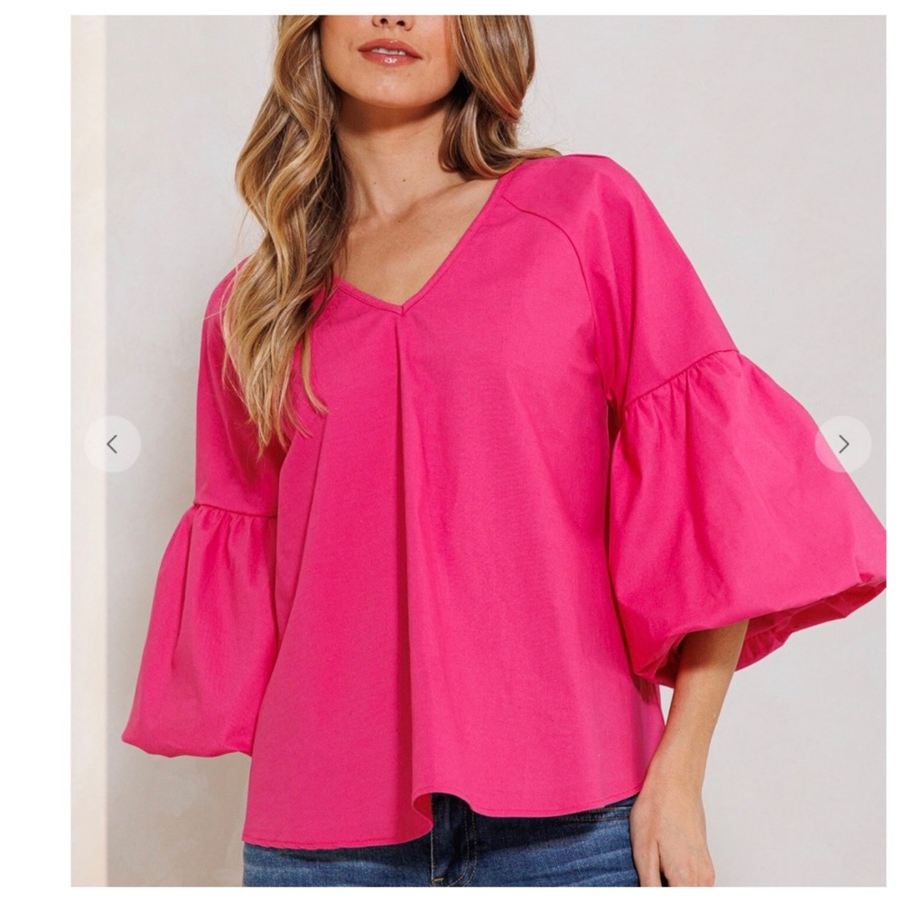 23 Boho Balloon Sleeve Baby Doll V-neck Solid Top - Picture 2 of 6
